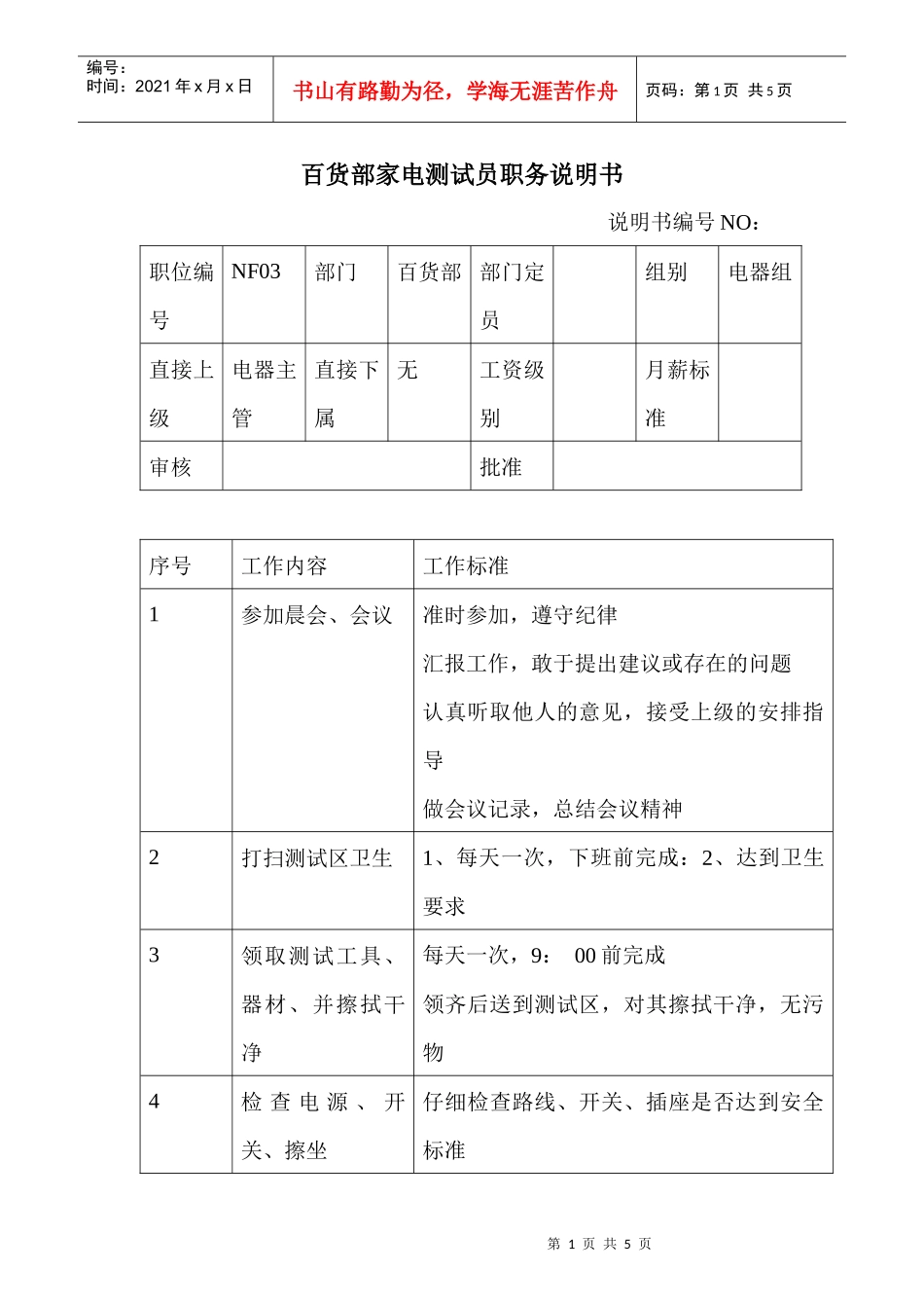 商场超市百货部家电测试员职务说明书_第1页