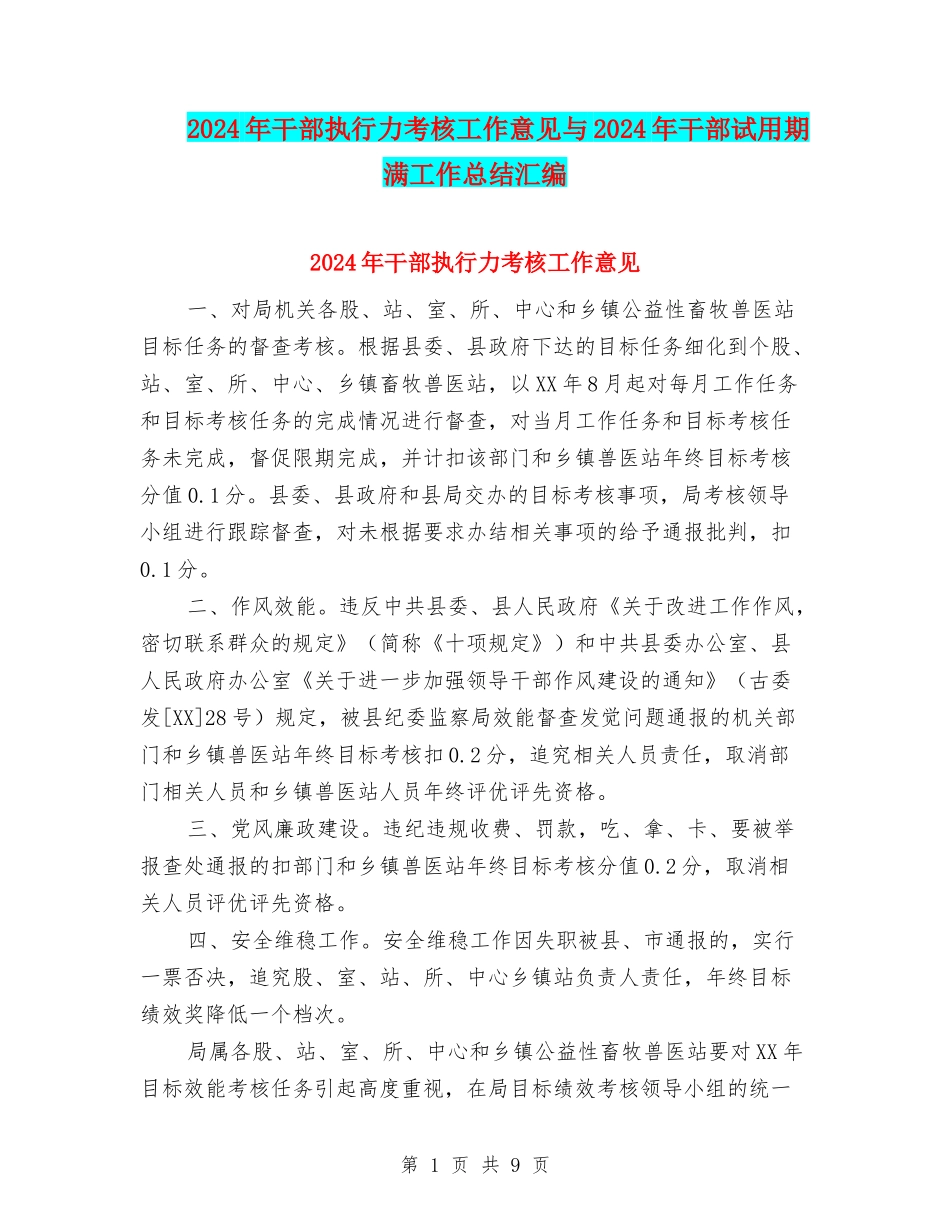 2024年干部执行力考核工作意见与2024年干部试用期满工作总结汇编_第1页