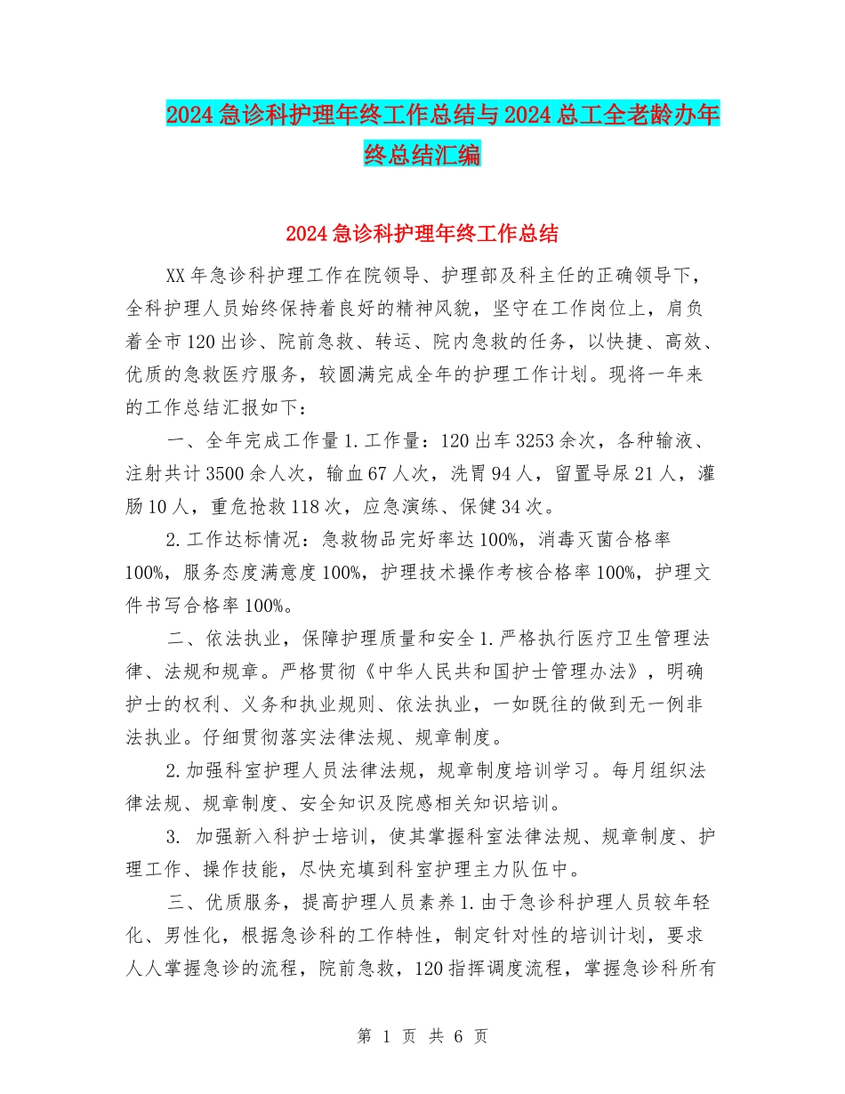 2024急诊科护理年终工作总结与2024总工全老龄办年终总结汇编_第1页