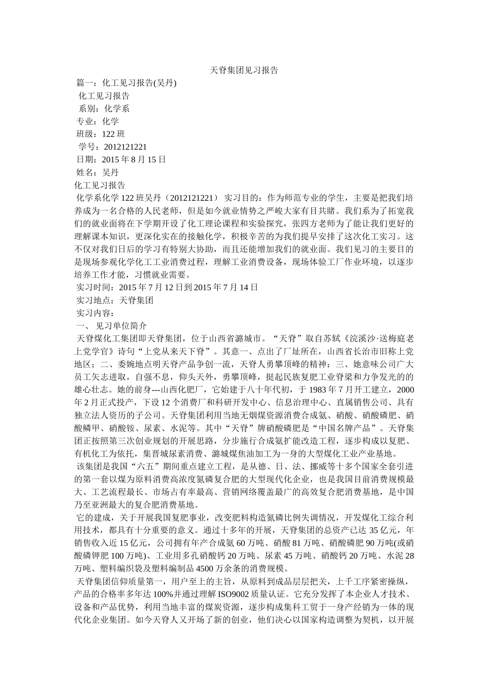 天脊集团见习报告参考精选 _第1页