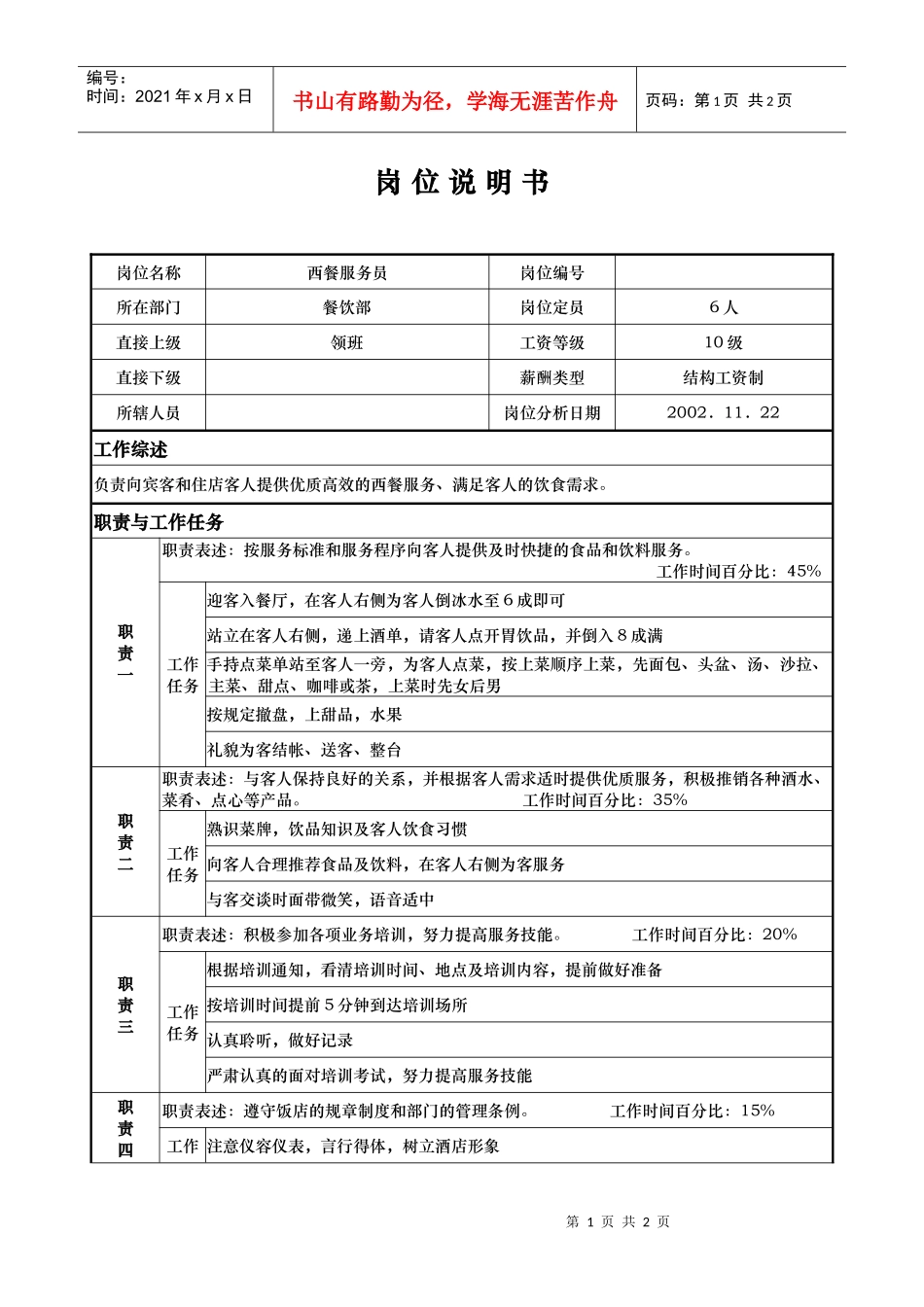 aja_1206_x国际大酒店餐饮部岗位说明书-西餐服务员(doc)_第1页