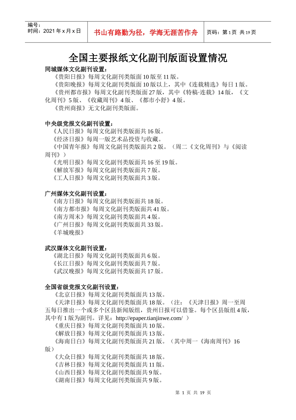 全国主要报纸和各省报纸及贵阳同城媒体文化副刊最新版面栏目设置情况_第1页