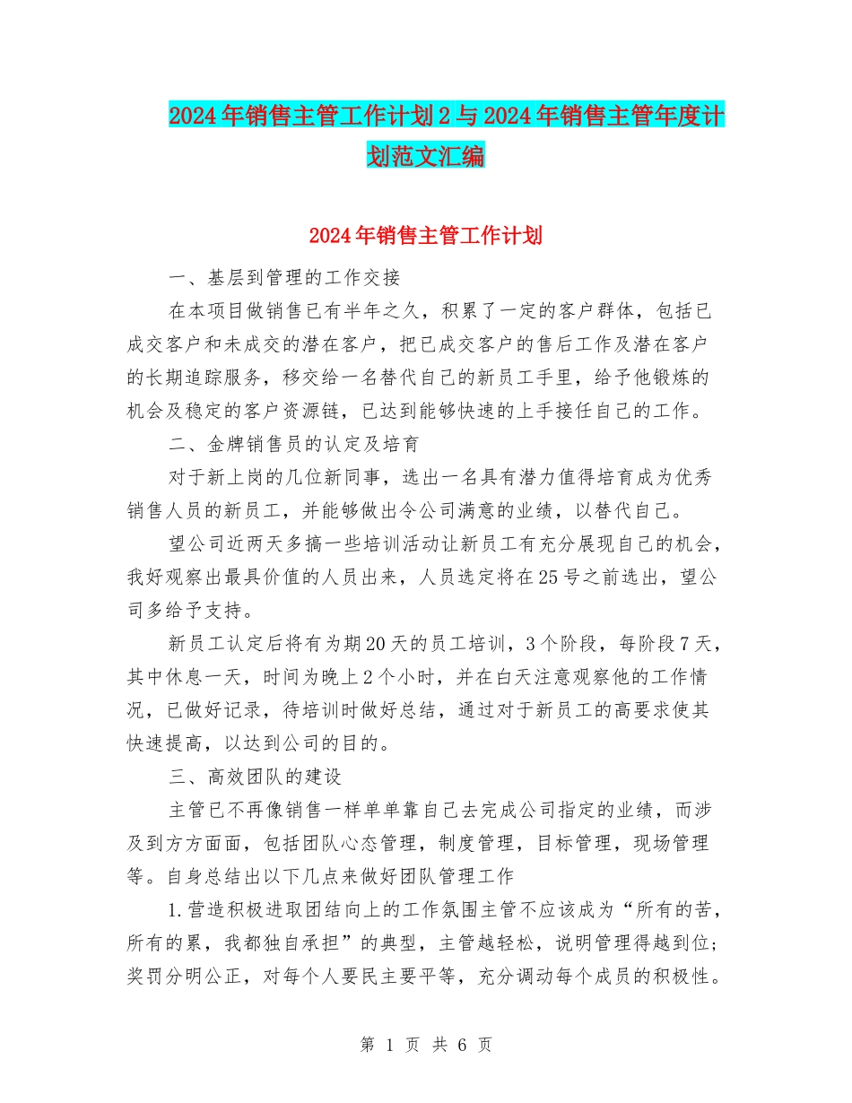 2024年销售主管工作计划2与2024年销售主管年度计划范文汇编_第1页