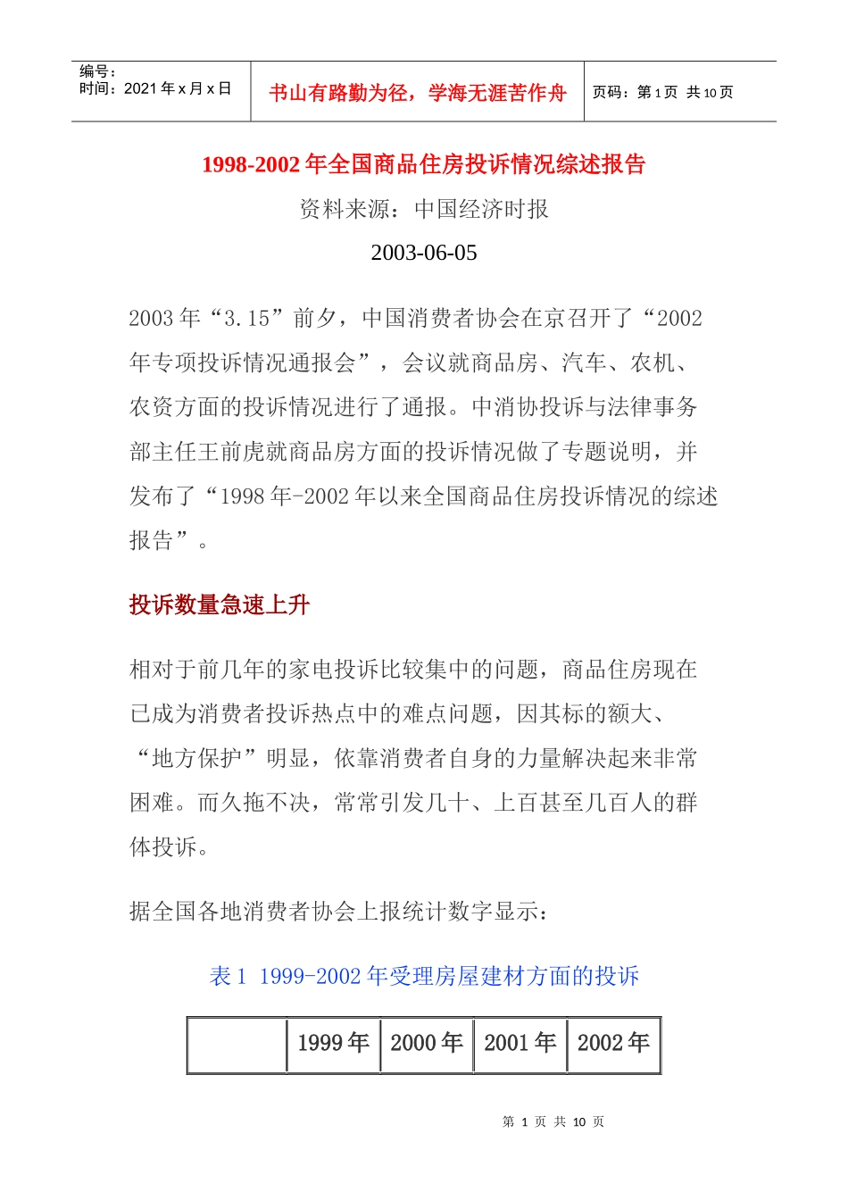 全国商品住房投诉情况研究报告_第1页