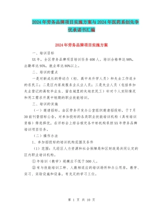 2024年劳务品牌项目实施方案与2024年医药系创先争优承诺书汇编