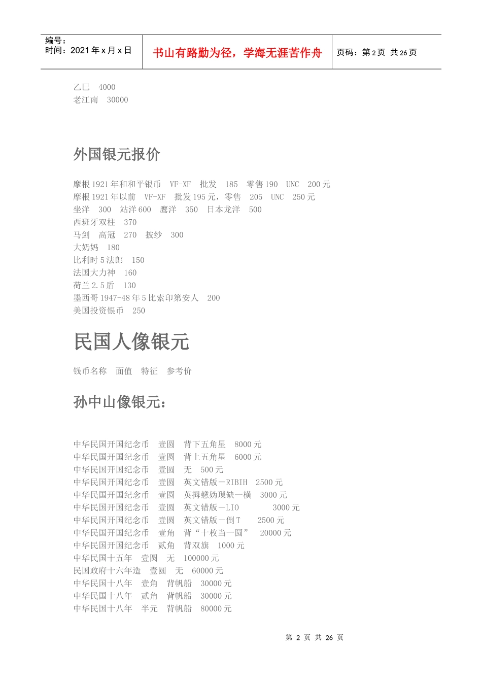 XXXX最新银元价格表_第2页