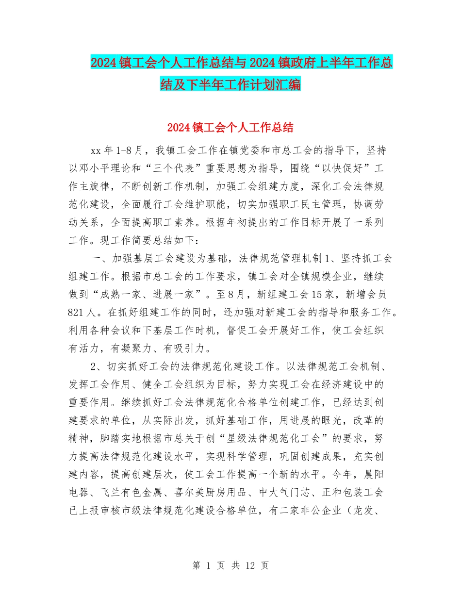 2024镇工会个人工作总结与2024镇政府上半年工作总结及下半年工作计划汇编_第1页