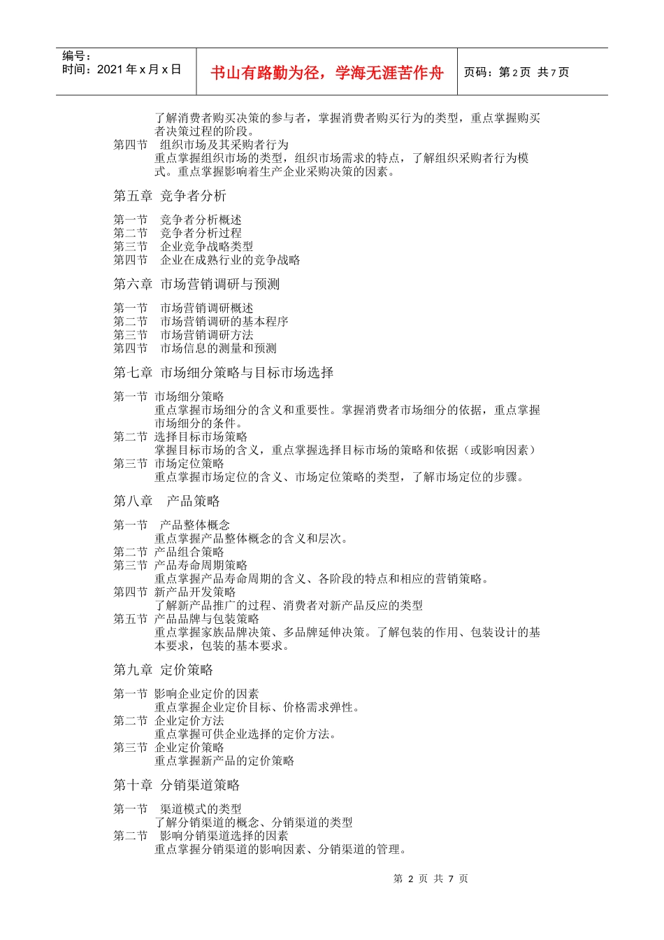 XXXX年沈阳理工大学 市场营销 专升本考试大纲_第2页