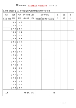 国民小学93学年度代理代课教师服务绩效考评清册
