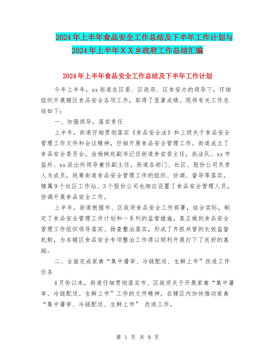 2024年上半年食品安全工作总结及下半年工作计划与2024年上半年XX乡政府工作总结汇编_第1页