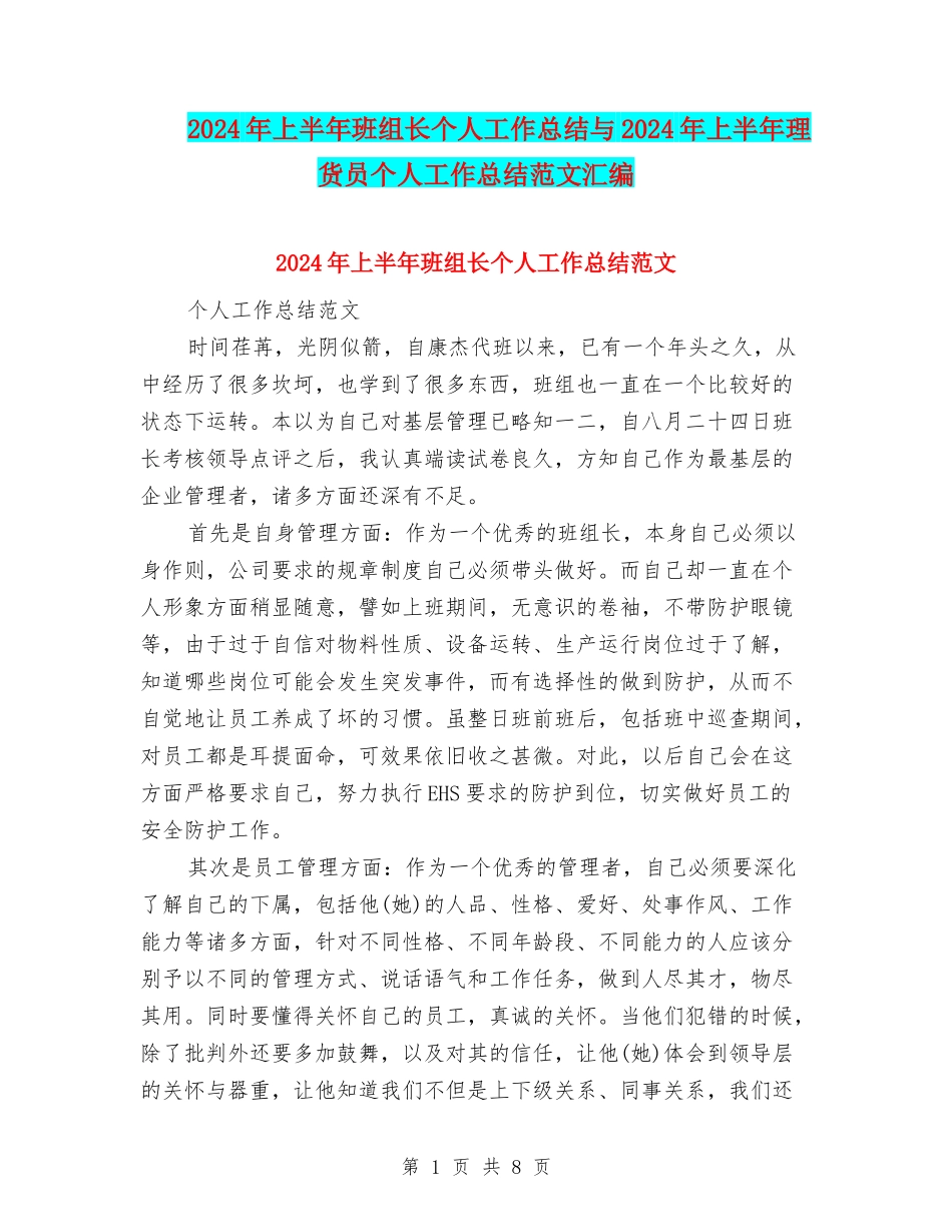 2024年上半年班组长个人工作总结与2024年上半年理货员个人工作总结范文汇编_第1页