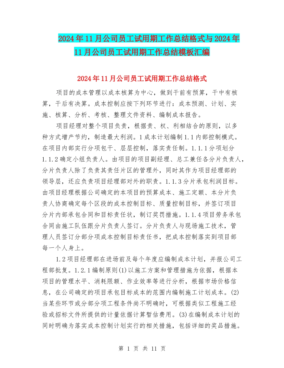 2024年11月公司员工试用期工作总结格式与2024年11月公司员工试用期工作总结模板汇编_第1页