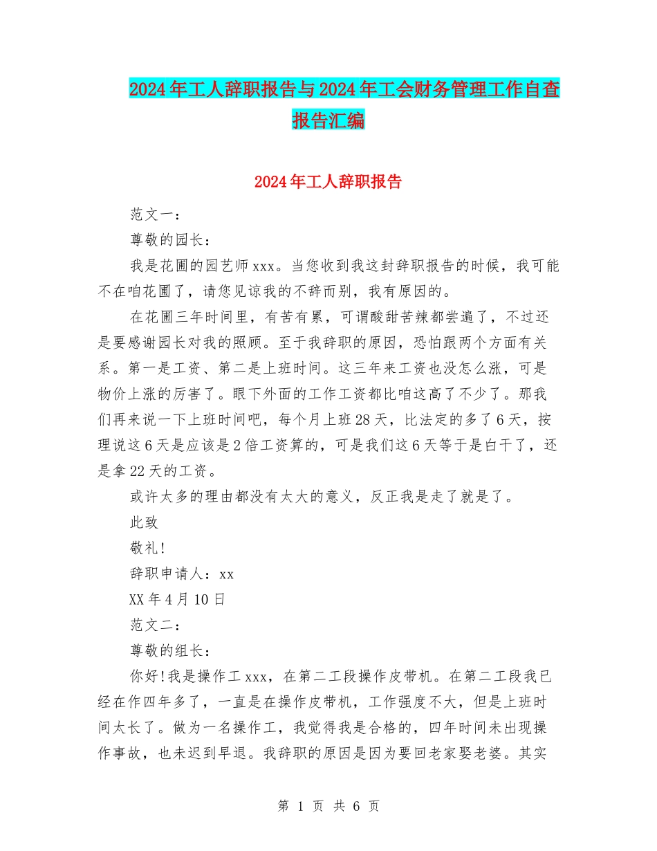 2024年工人辞职报告与2024年工会财务管理工作自查报告汇编_第1页
