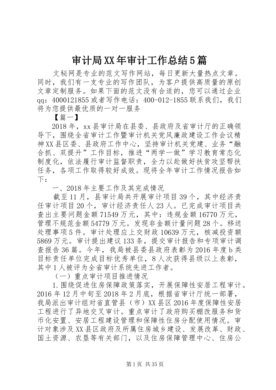 审计局XX年审计工作总结5篇_第1页