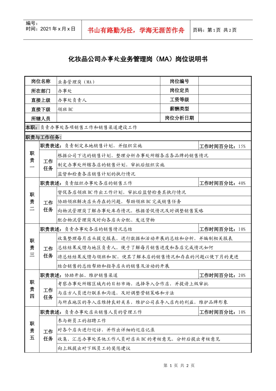 化妆品公司办事处业务管理岗（ma）岗位说明书_第1页