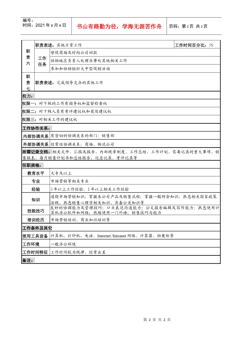 化妆品公司办事处业务管理岗（ma）岗位说明书_第2页