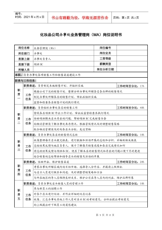 化妆品公司办事处业务管理岗（ma）岗位说明书