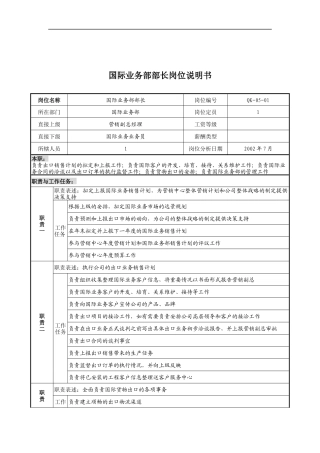 乾坤木业公司国际业务部部长岗位说明书