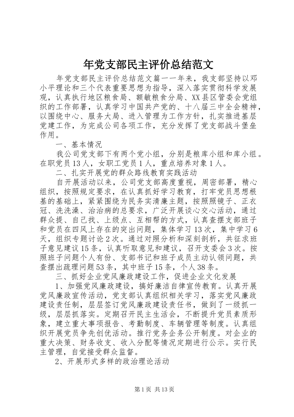 年党支部民主评价总结范文_第1页