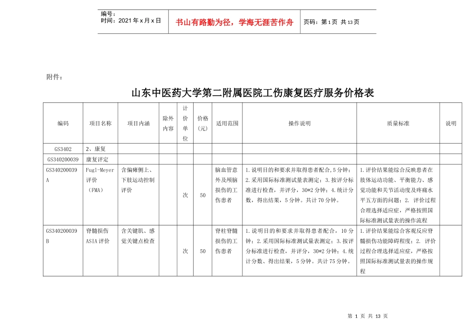 山东中医药大学第二附属医院工伤康复医疗服务价格表_第1页