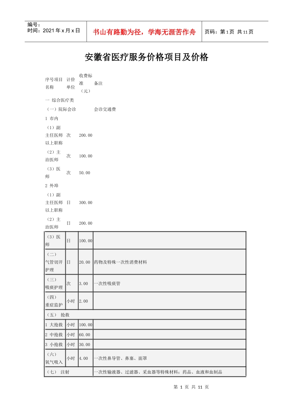 安徽省医疗服务价格项目及价格_第1页