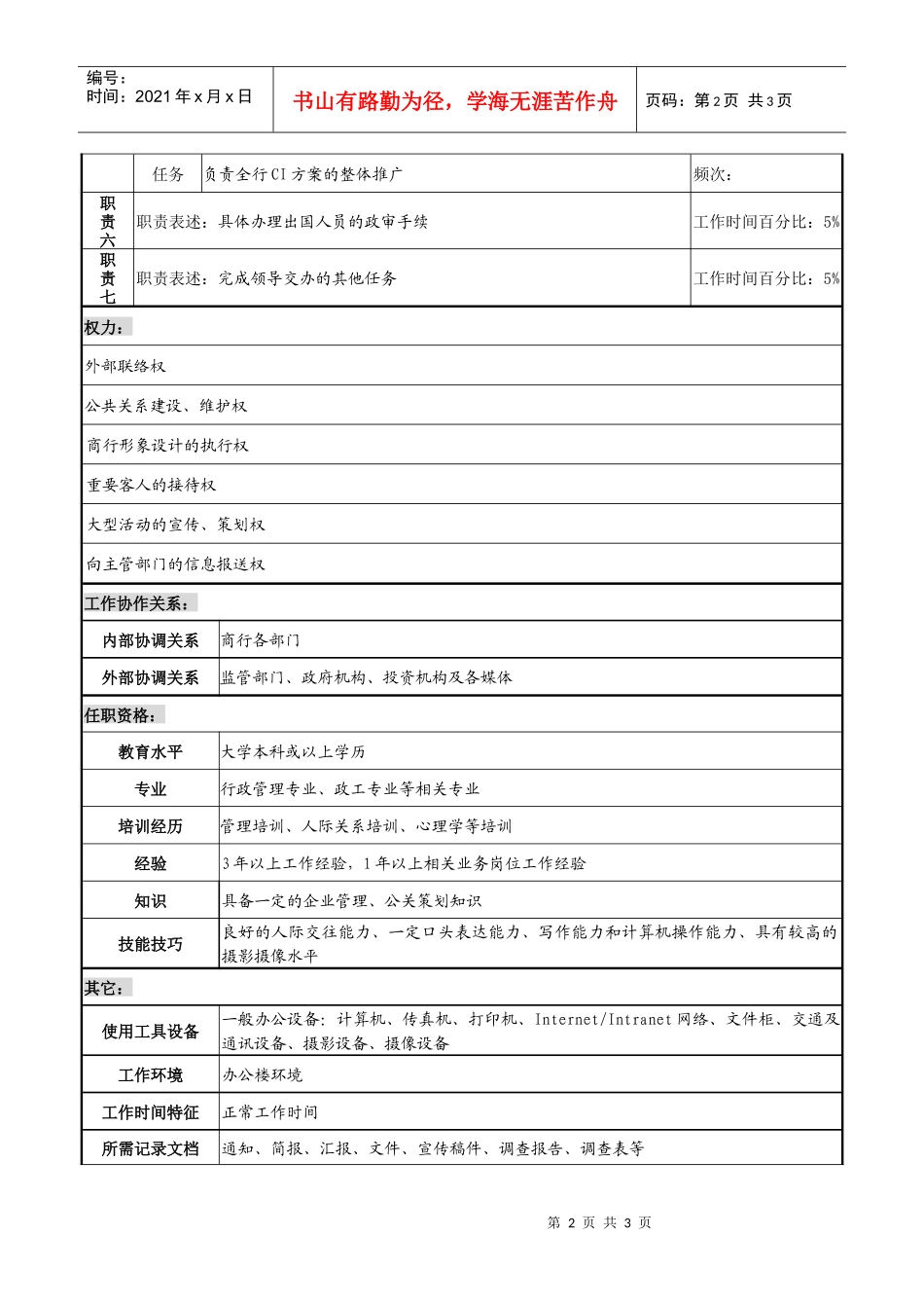 商业银行公关宣传岗职务说明书_第2页