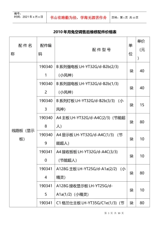 售后维修配件价格表