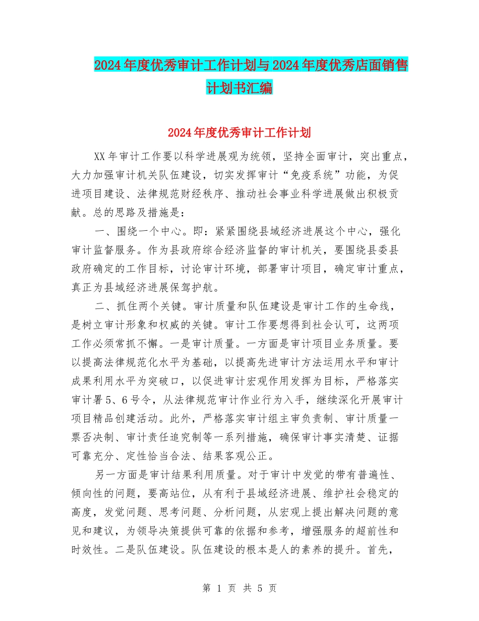 2024年度优秀审计工作计划与2024年度优秀店面销售计划书汇编_第1页