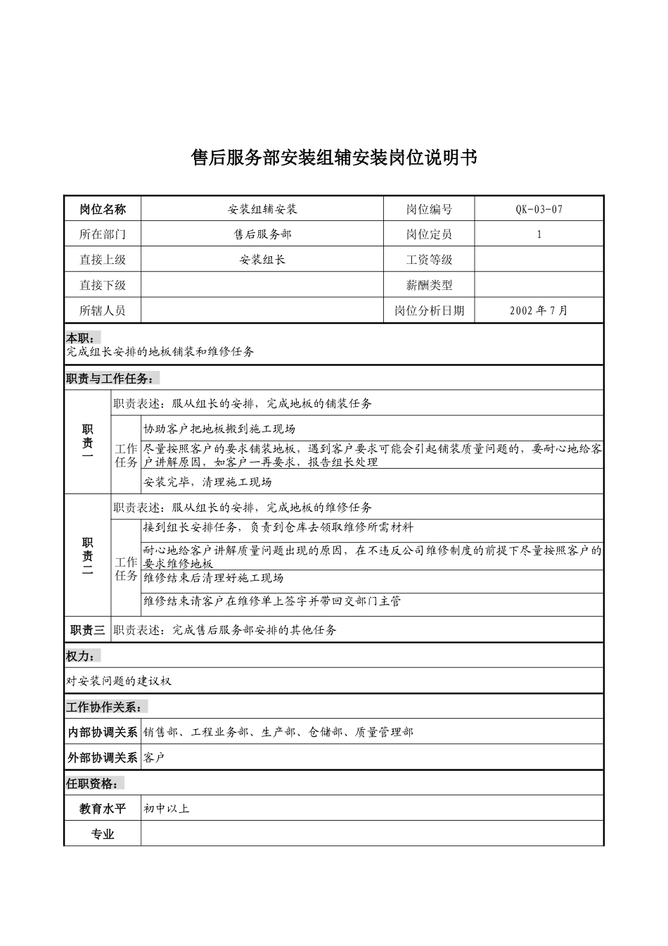乾坤木业公司售后服务部安装组辅安装岗位说明书_第1页