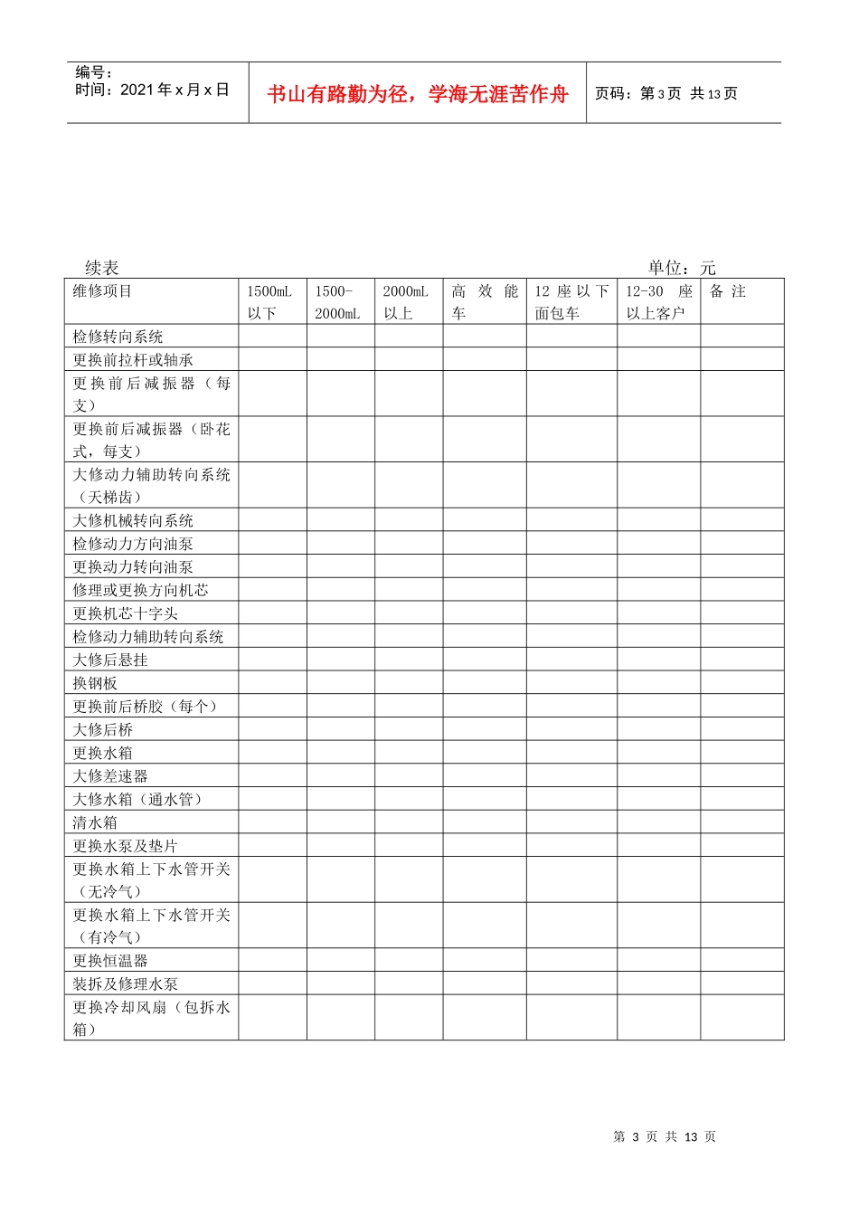 各地进口汽车维修市场参考价格进口汽车维修价目表(1)_第3页