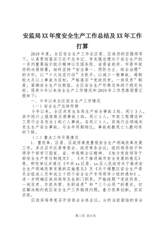 安监局XX年度安全生产工作总结及XX年工作打算
