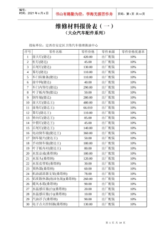定西市卫伟汽车修理换油中心报价表-维修材料报价表
