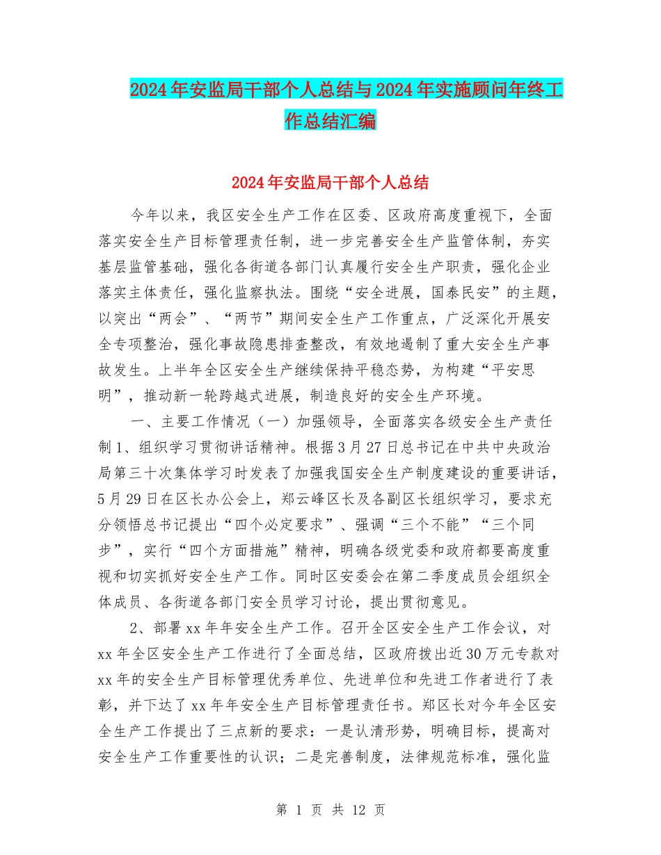2024年安监局干部个人总结与2024年实施顾问年终工作总结汇编_第1页