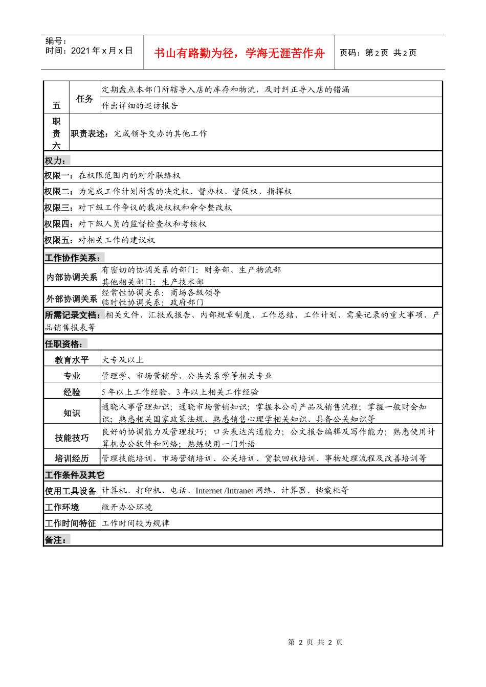 化妆品公司销售一科主管岗位说明书_第2页
