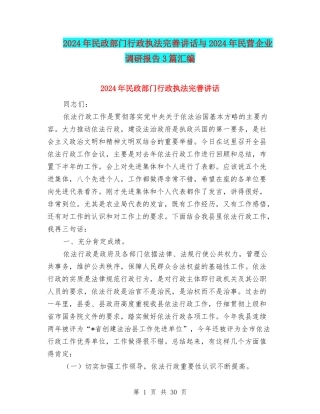 2024年民政部门行政执法完善讲话与2024年民营企业调研报告3篇汇编
