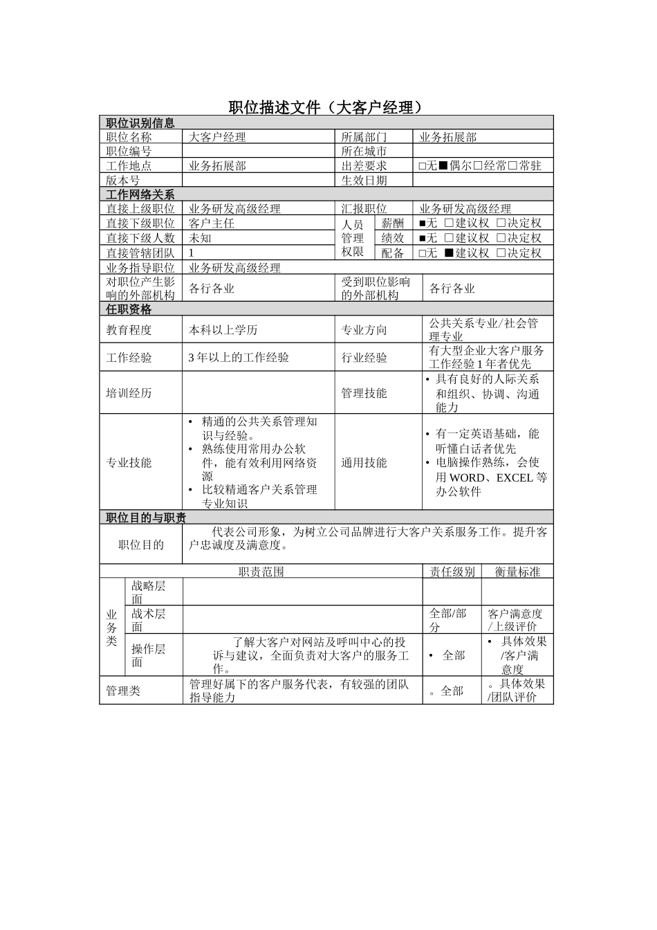 大客户服务经理岗位说明书_第1页