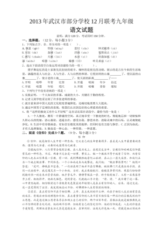 武汉市九年级12月联考语文试题 