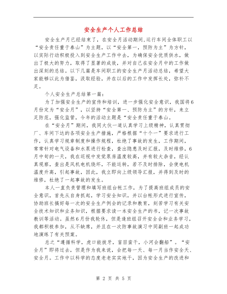 安全生产个人工作总结【最新版】_第2页