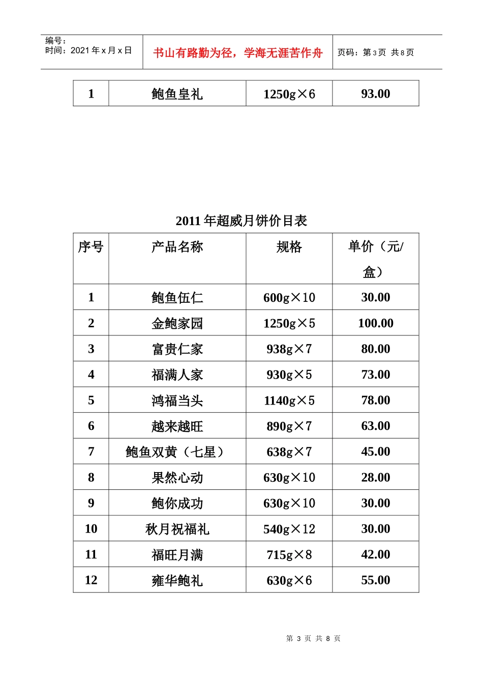 XXXX年中秋名优月饼价格表_第3页