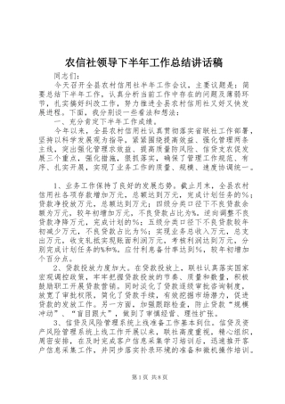农信社领导下半年工作总结讲话稿