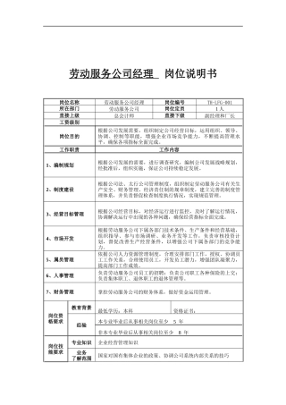 劳动服务公司经理岗位说明书