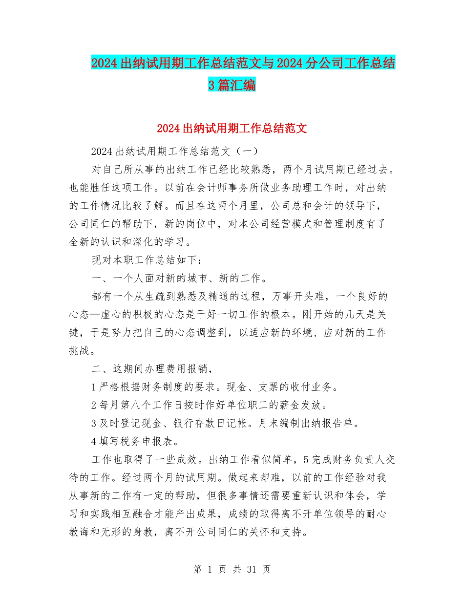 2024出纳试用期工作总结范文与2024分公司工作总结3篇汇编_第1页