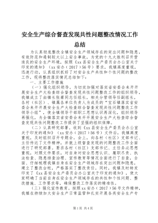 安全生产综合督查发现共性问题整改情况工作总结