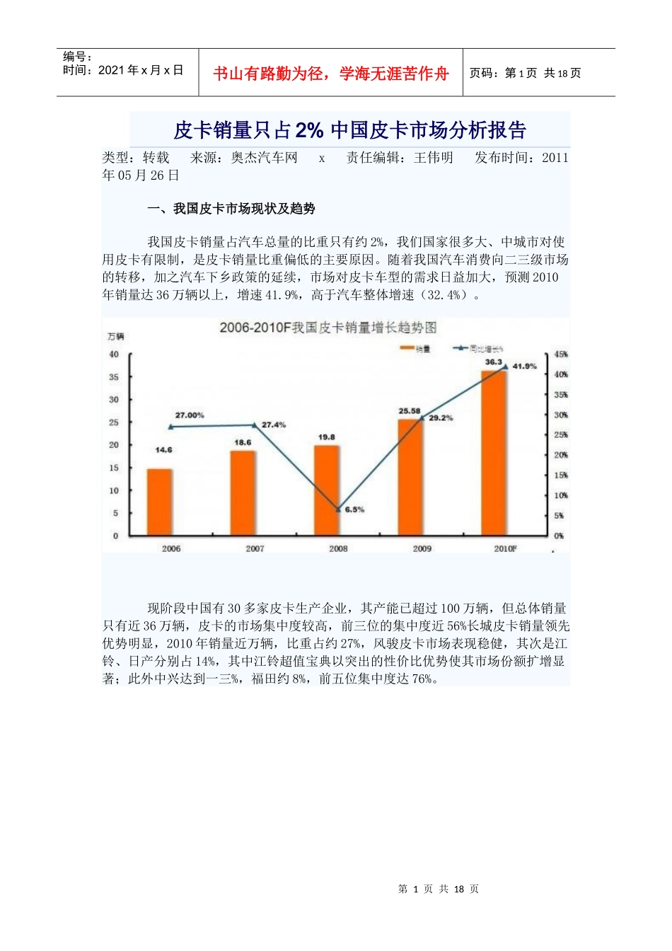 中国皮卡市场销售管理知识分析报告_第1页