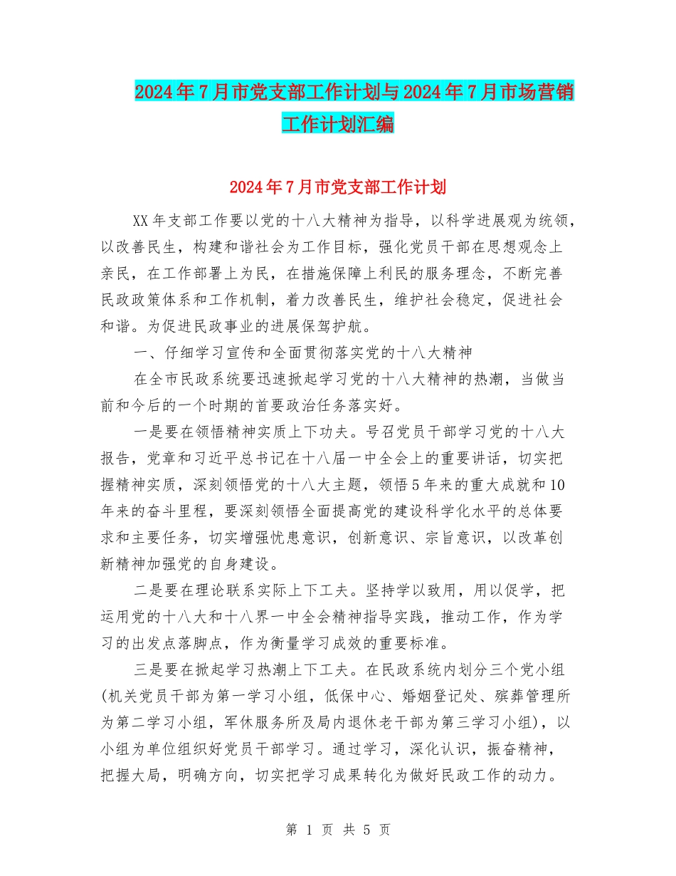 2024年7月市党支部工作计划与2024年7月市场营销工作计划汇编_第1页