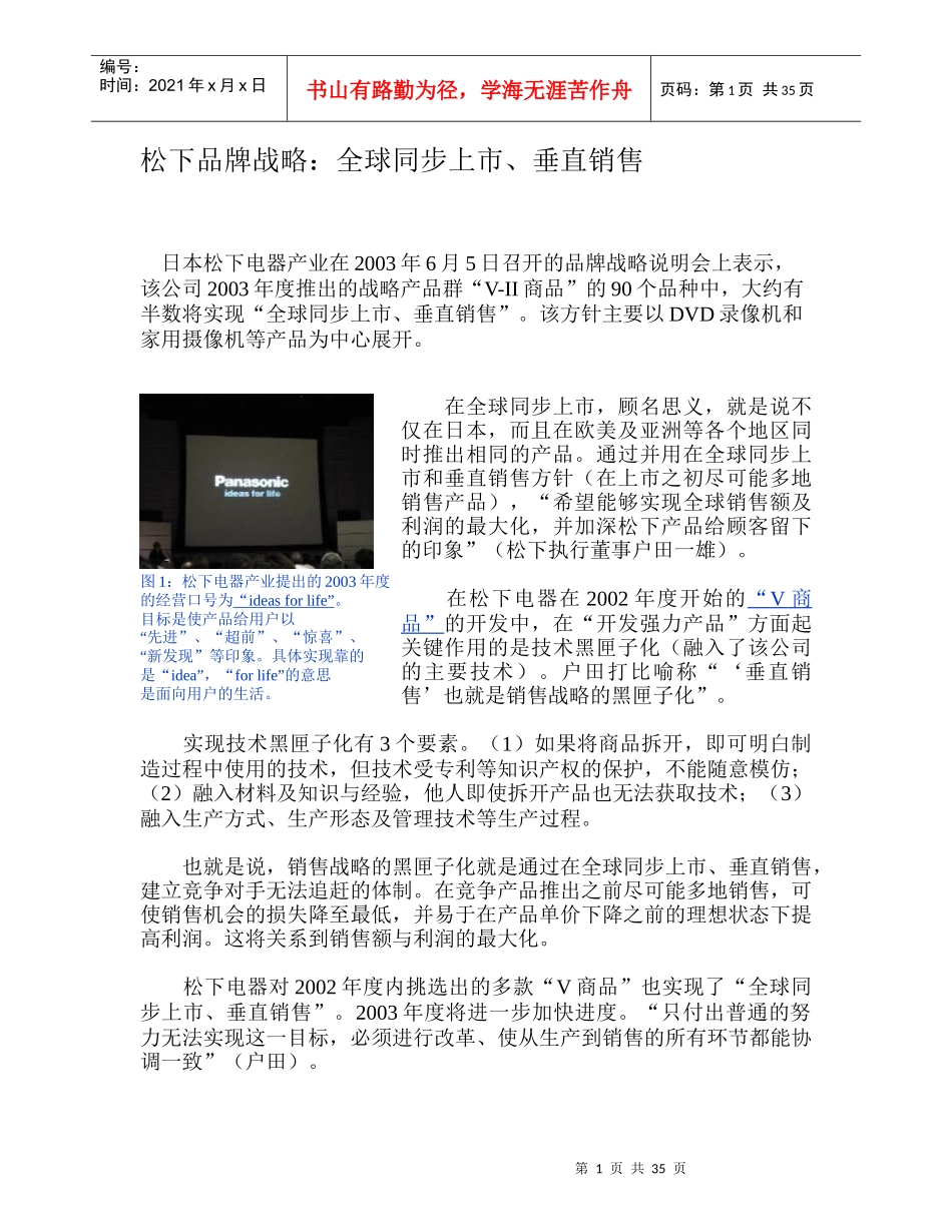 品牌战略：全球同步上市、垂直销售（松下）_第1页
