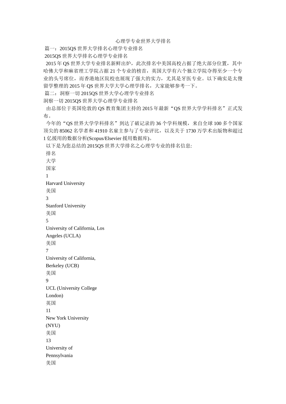 心理学专业世界大学排名参考 _第1页