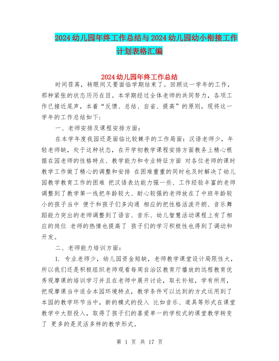 2024幼儿园年终工作总结与2024幼儿园幼小衔接工作计划表格汇编_第1页