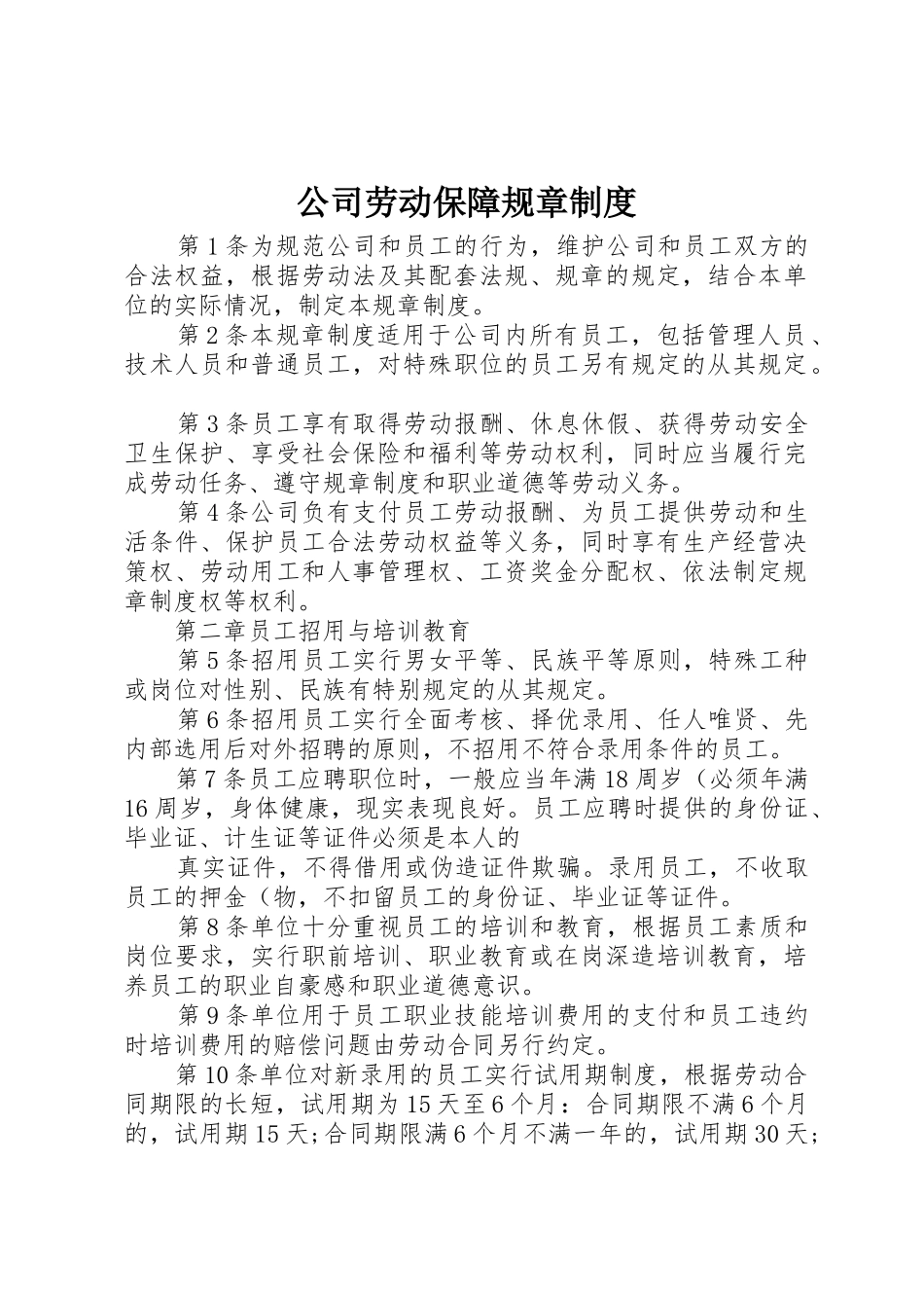 公司劳动保障规章规章制度细则_第1页