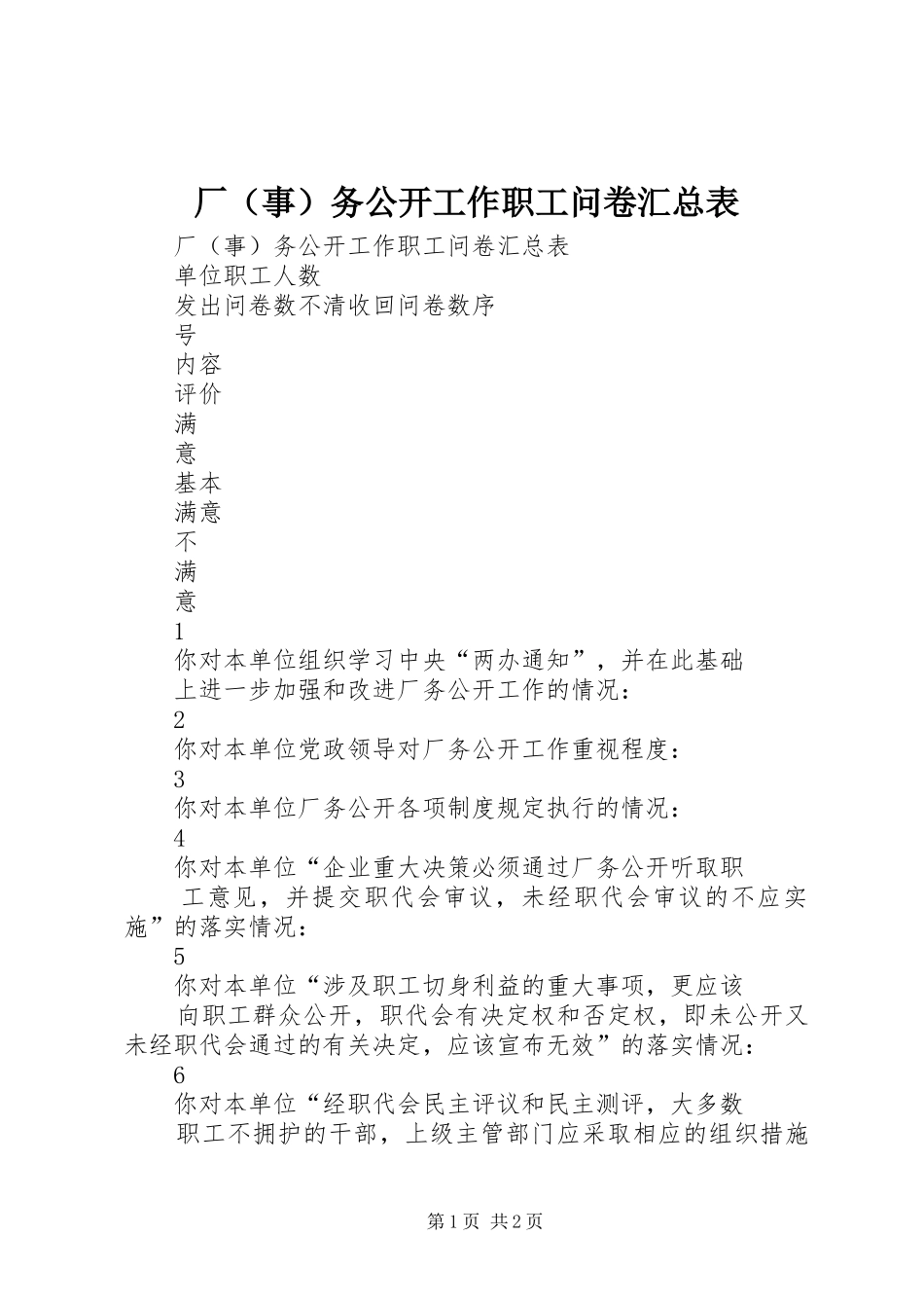 厂（事）务公开工作职工问卷汇总表_第1页